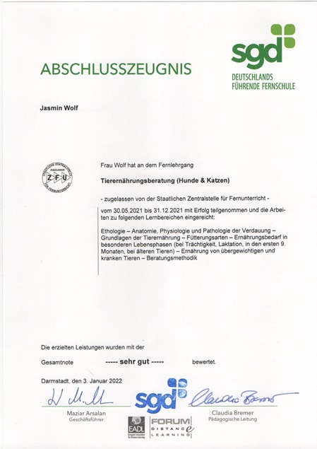 Abschlusszeugnis Tierernährungsberater